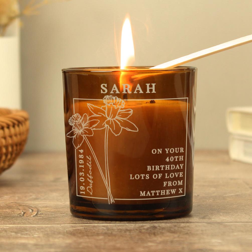 Personalised March Daffodil Birth Flower Amber Glass Jar Candle Extra Image 2